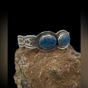 Signed LN Navajo Native American Sterling Silver Sodalite Cuff Bracelet 7.5"